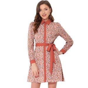 Contrast Collar Button Front Long Sleeve Floral Shirt Dress Pink